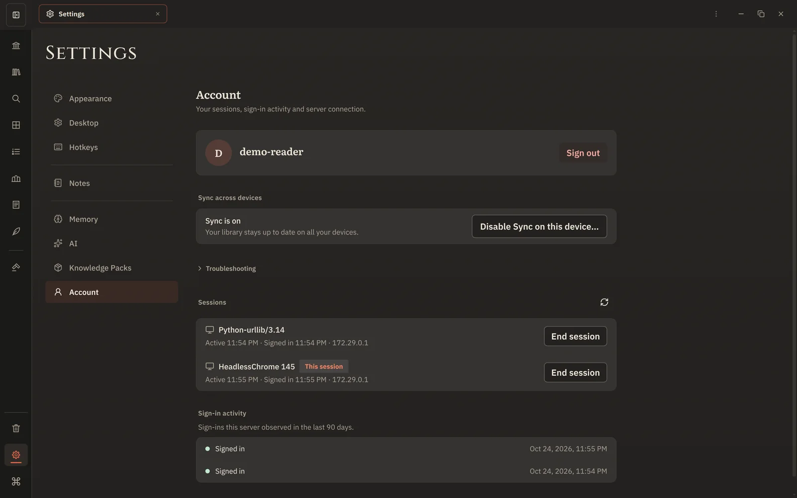 Settings → Account after setup, with Sync is on and the account's storage usage.