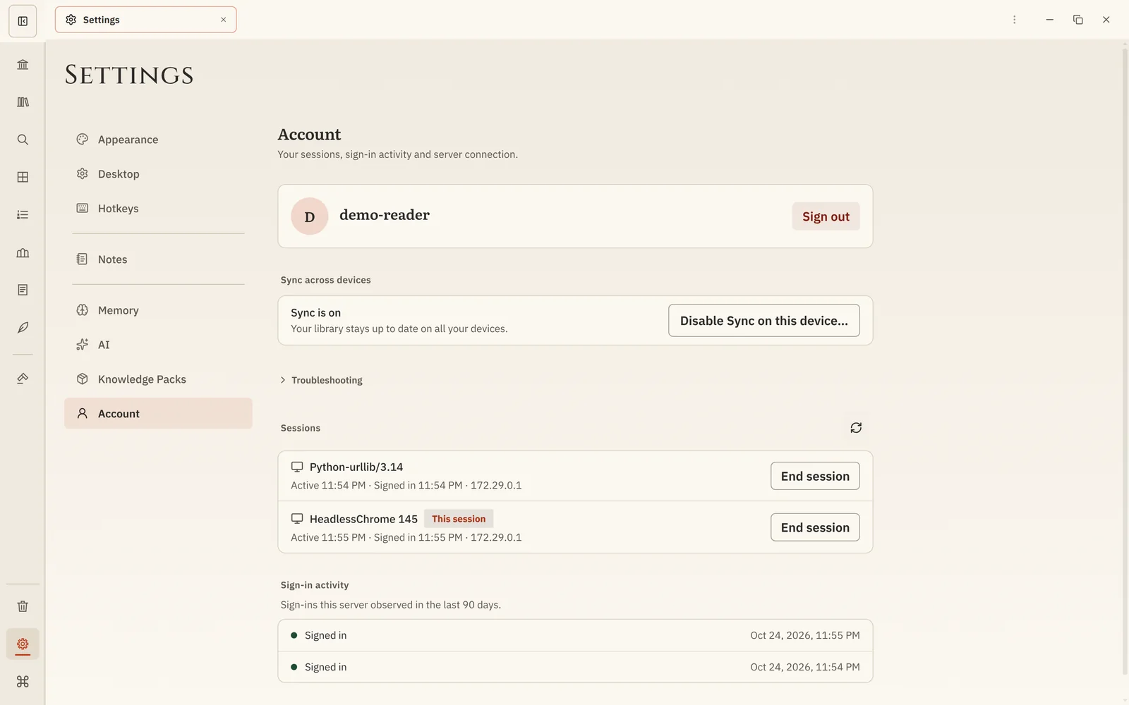 Settings → Account after setup, with Sync is on and the account's storage usage.
