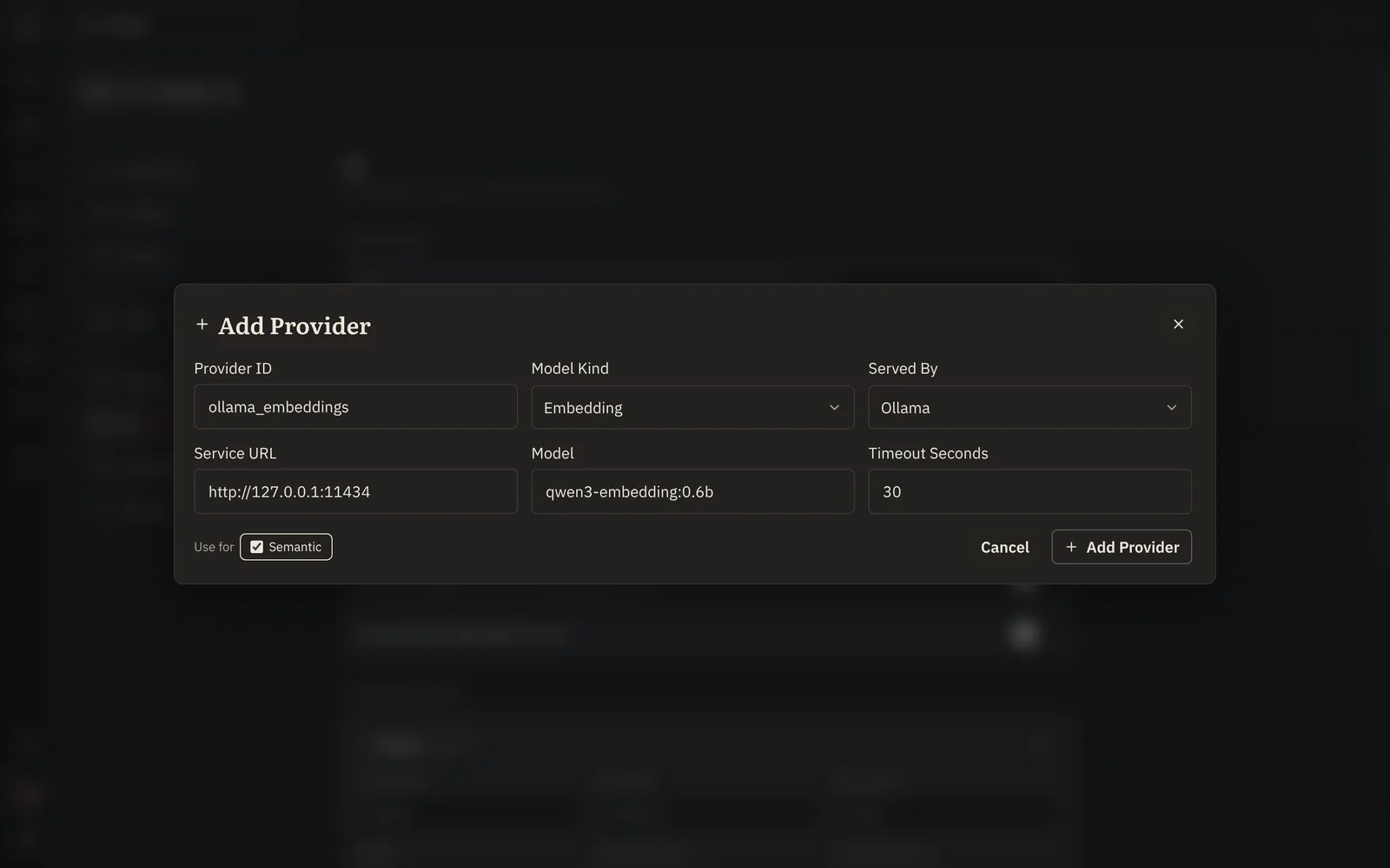 The Add Provider dialog for an Embedding model, with Ollama, its local service address and qwen3-embedding:0.6b.