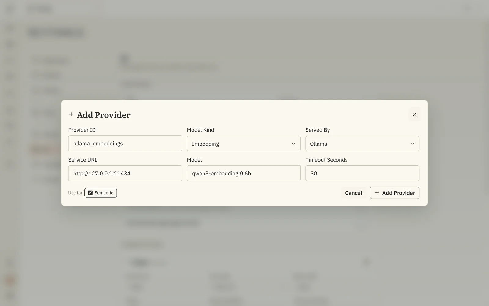 The Add Provider dialog for an Embedding model, with Ollama, its local service address and qwen3-embedding:0.6b.