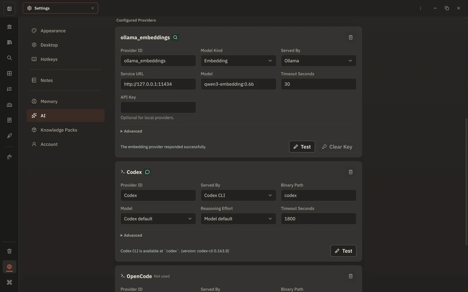 Configured Providers in Settings → AI, with the Ollama embedding model and Codex CLI tested on this computer.