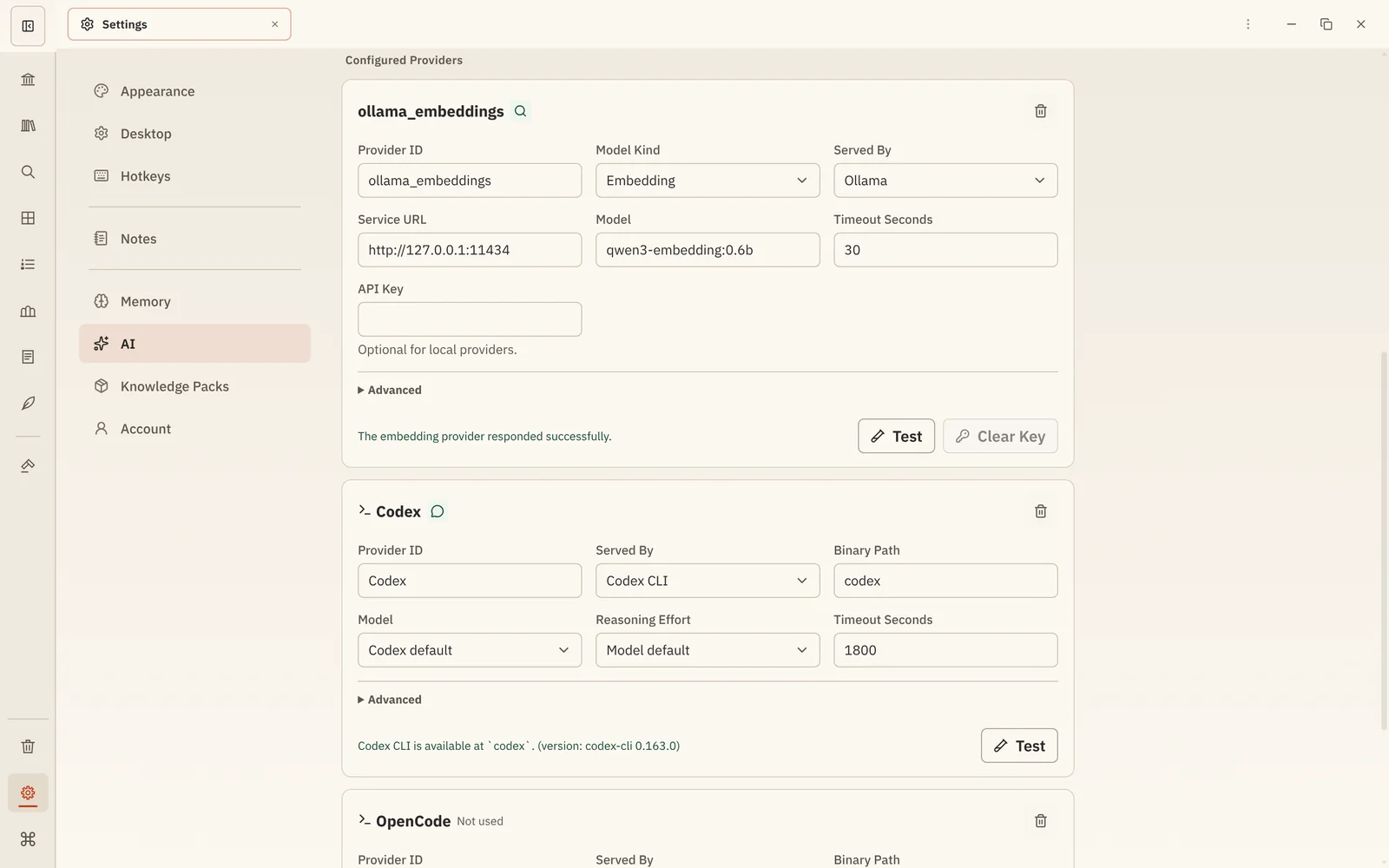 Configured Providers in Settings → AI, with the Ollama embedding model and Codex CLI tested on this computer.