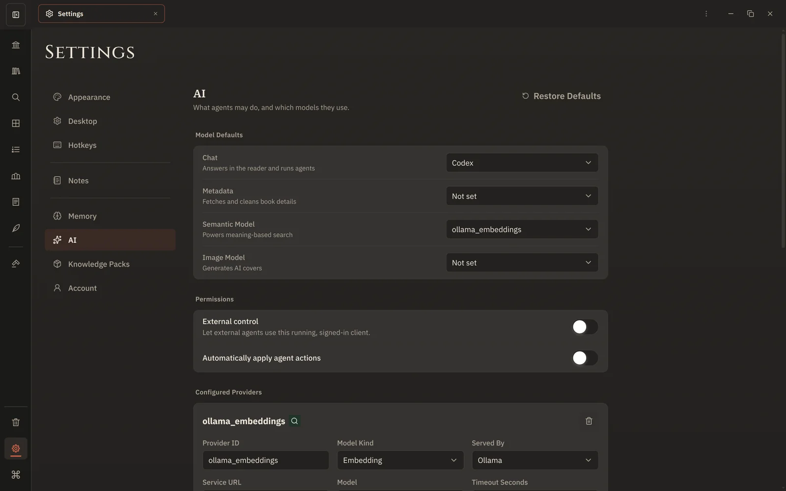 Settings → AI in Local mode: Codex selected for Chat and a local Ollama embedding model selected for Semantic Model.
