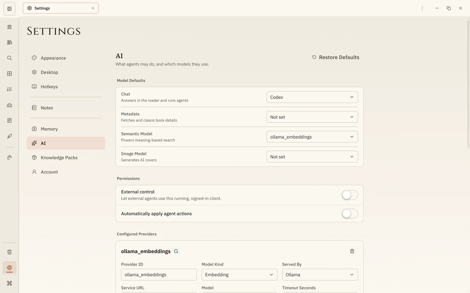 Settings → AI in Local mode: Codex selected for Chat and a local Ollama embedding model selected for Semantic Model.