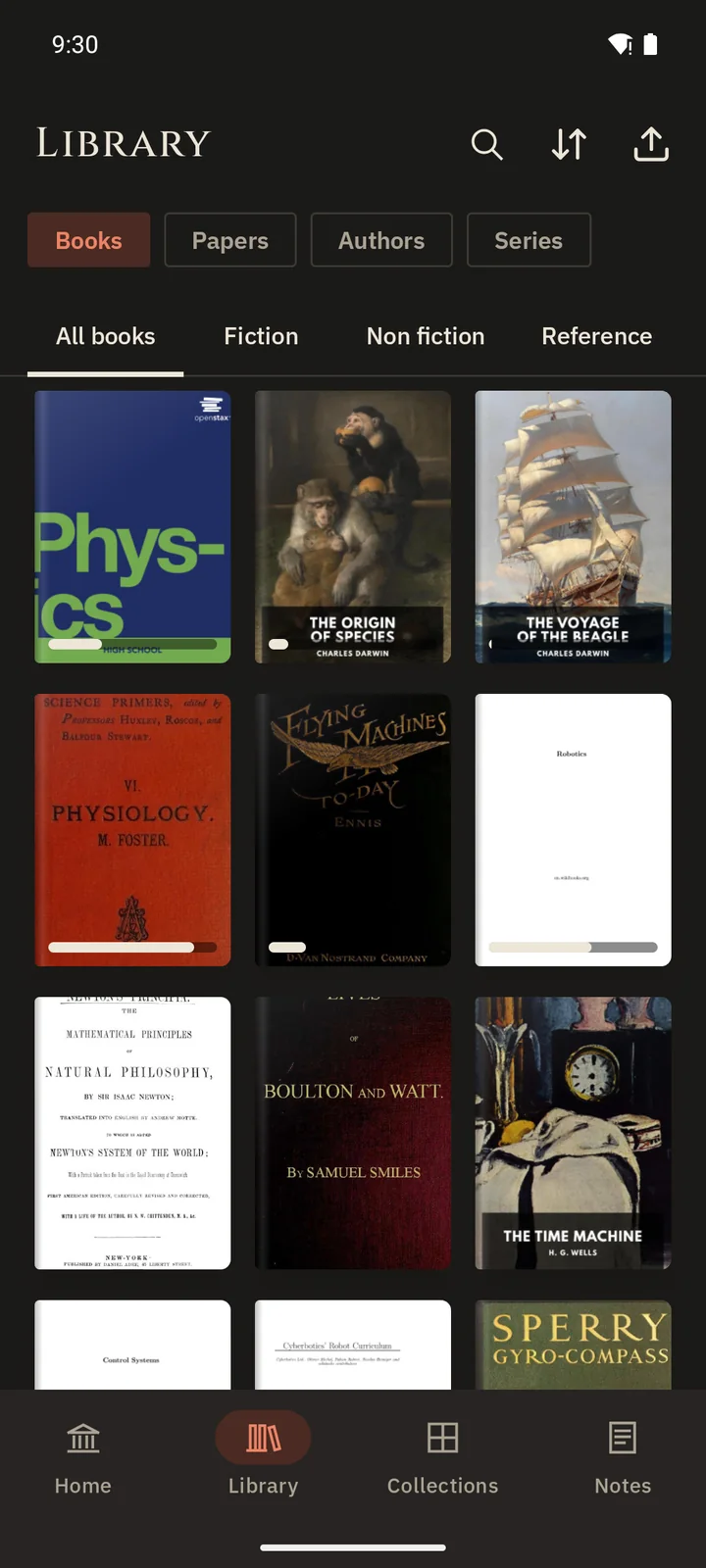 Xandria on Android: the Library's books with their covers, the ones being read first.