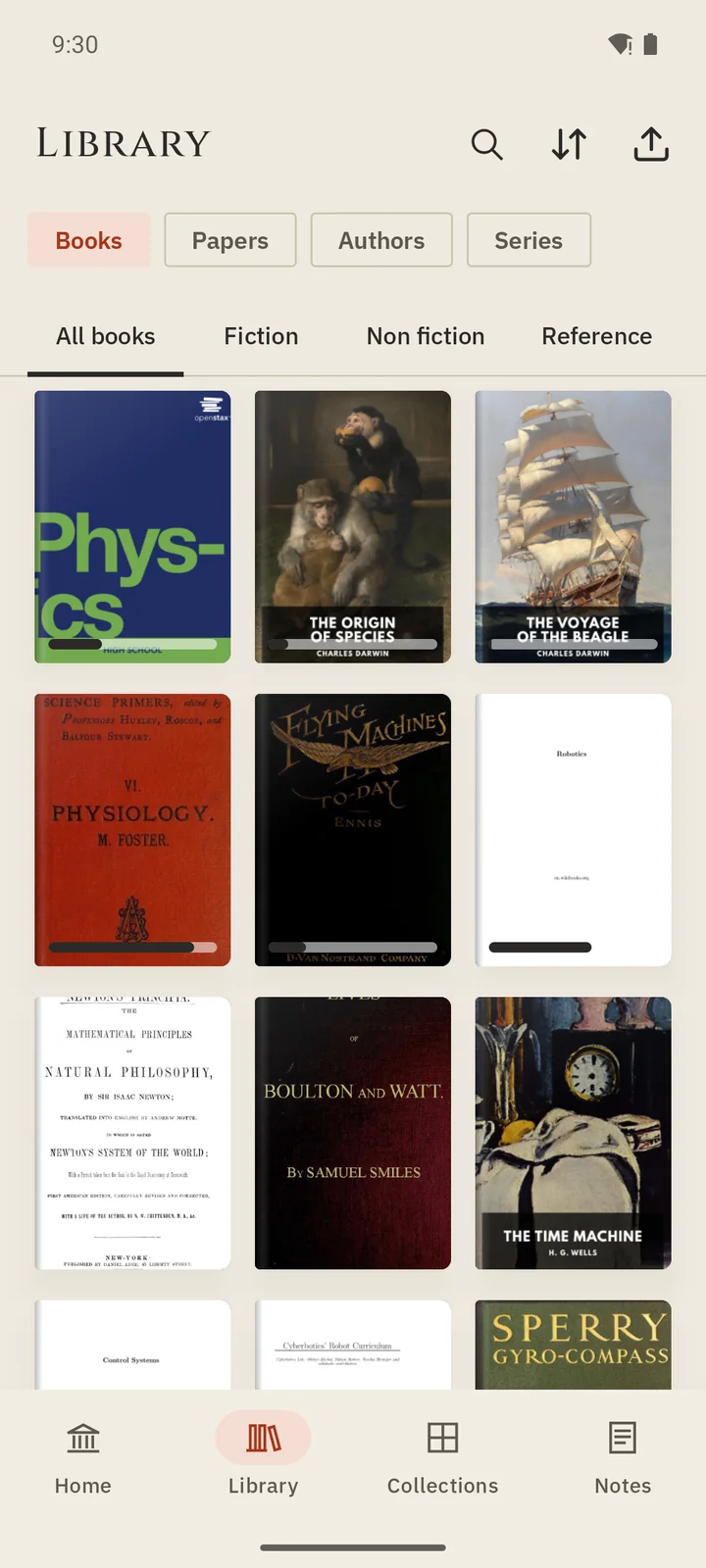 Xandria on Android: the Library's books with their covers, the ones being read first.