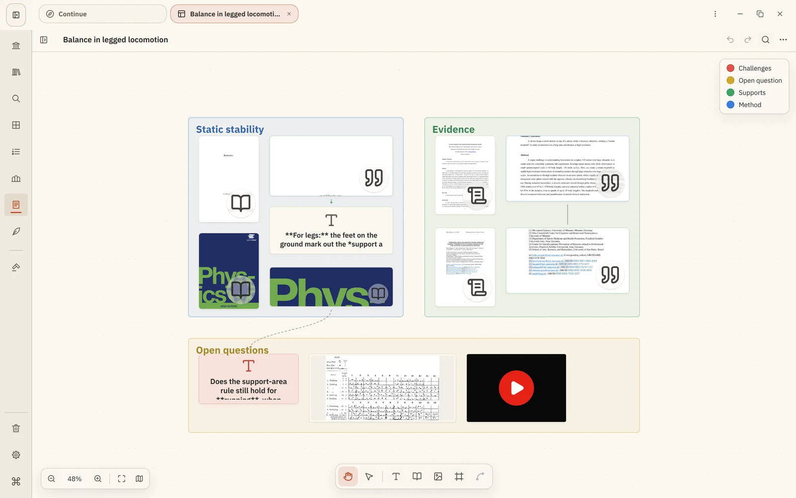 The same board zoomed out: cards show simple faces with a type icon and title, and a colour legend in the corner.