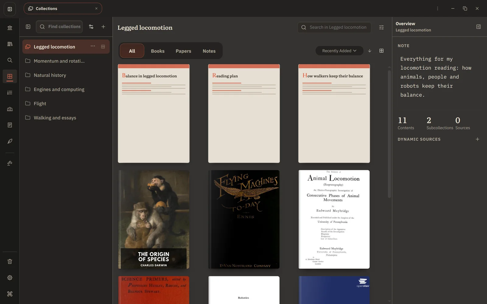 A Collection called Legged locomotion showing its board, notes and books together.