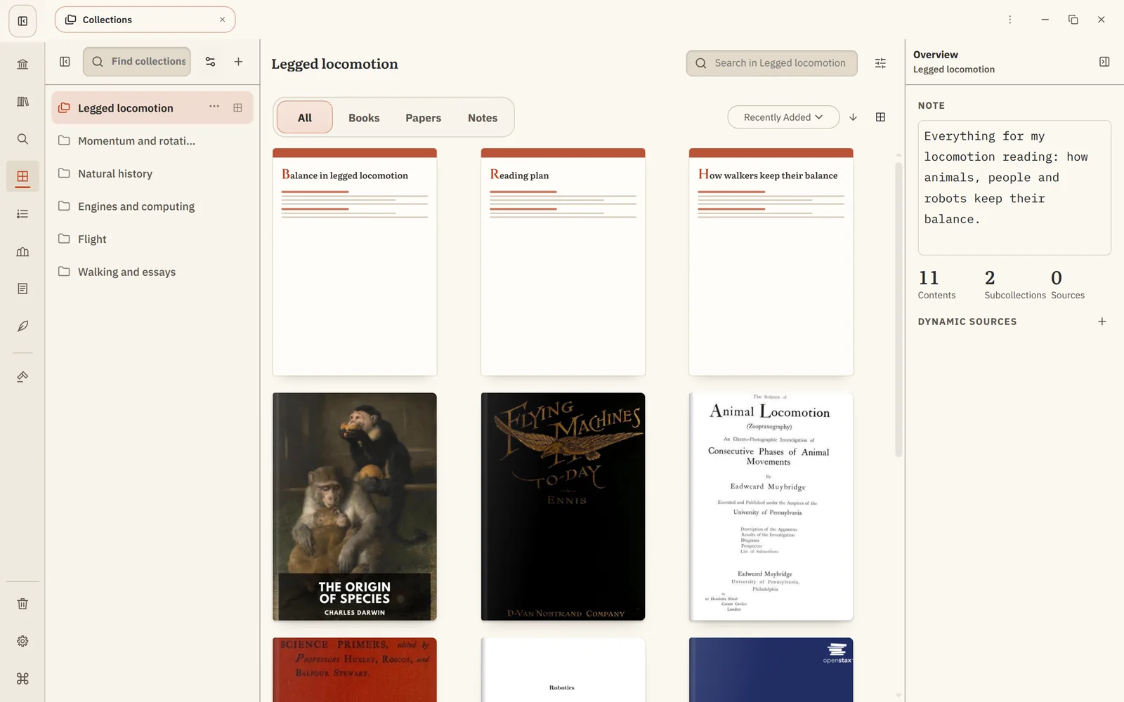 A Collection called Legged locomotion showing its board, notes and books together.