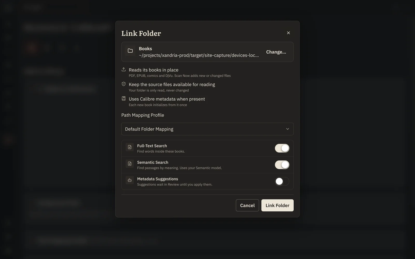 Link Folder in Local mode, with Full-Text Search and Semantic Search enabled for the selected Books folder.