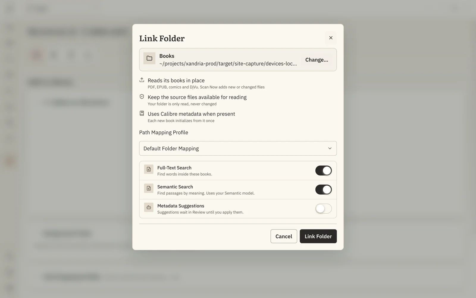 Link Folder in Local mode, with Full-Text Search and Semantic Search enabled for the selected Books folder.