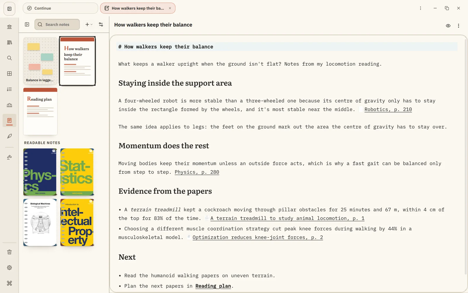 A note titled How walkers keep their balance, with headings, bullet points and links to pages in Robotics, Physics and two research papers.