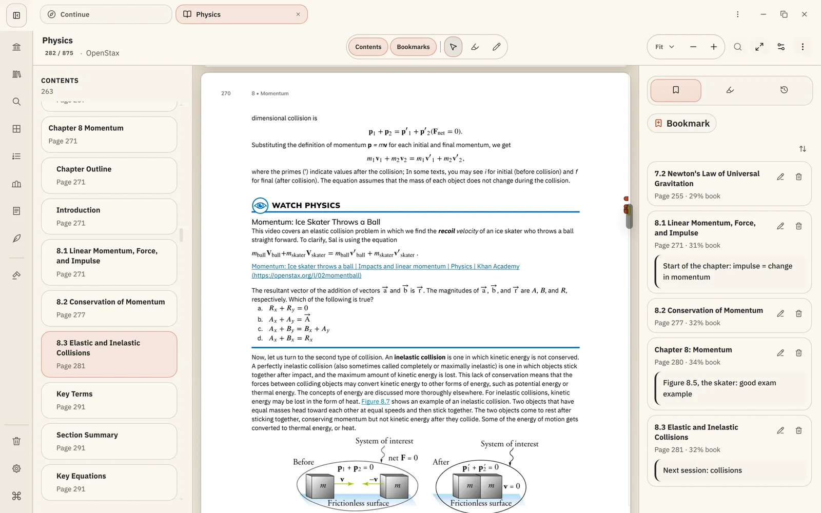 A physics textbook open at chapter 8, with the figure of a spinning ice skater and a highlighted sentence about angular momentum.