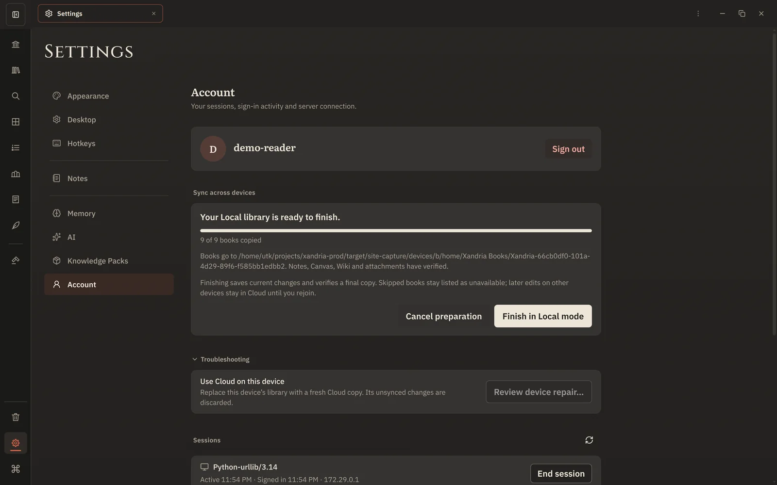 Disable Sync preparation is ready to finish in Local mode, with an option to cancel and keep syncing.