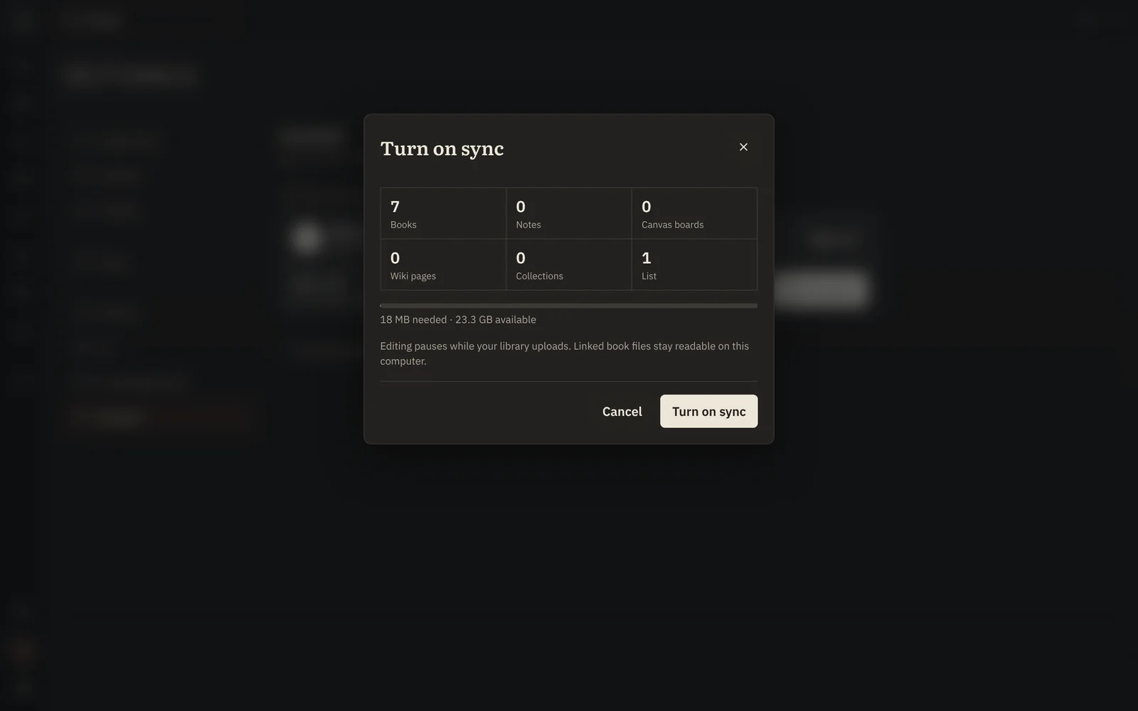 The Turn on sync review, showing what this computer will upload and the account's available storage.