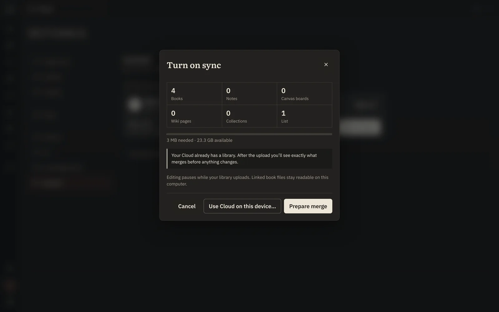 Turn on sync on a second computer, offering Prepare merge or Use Cloud on this device for an account that already has a library.
