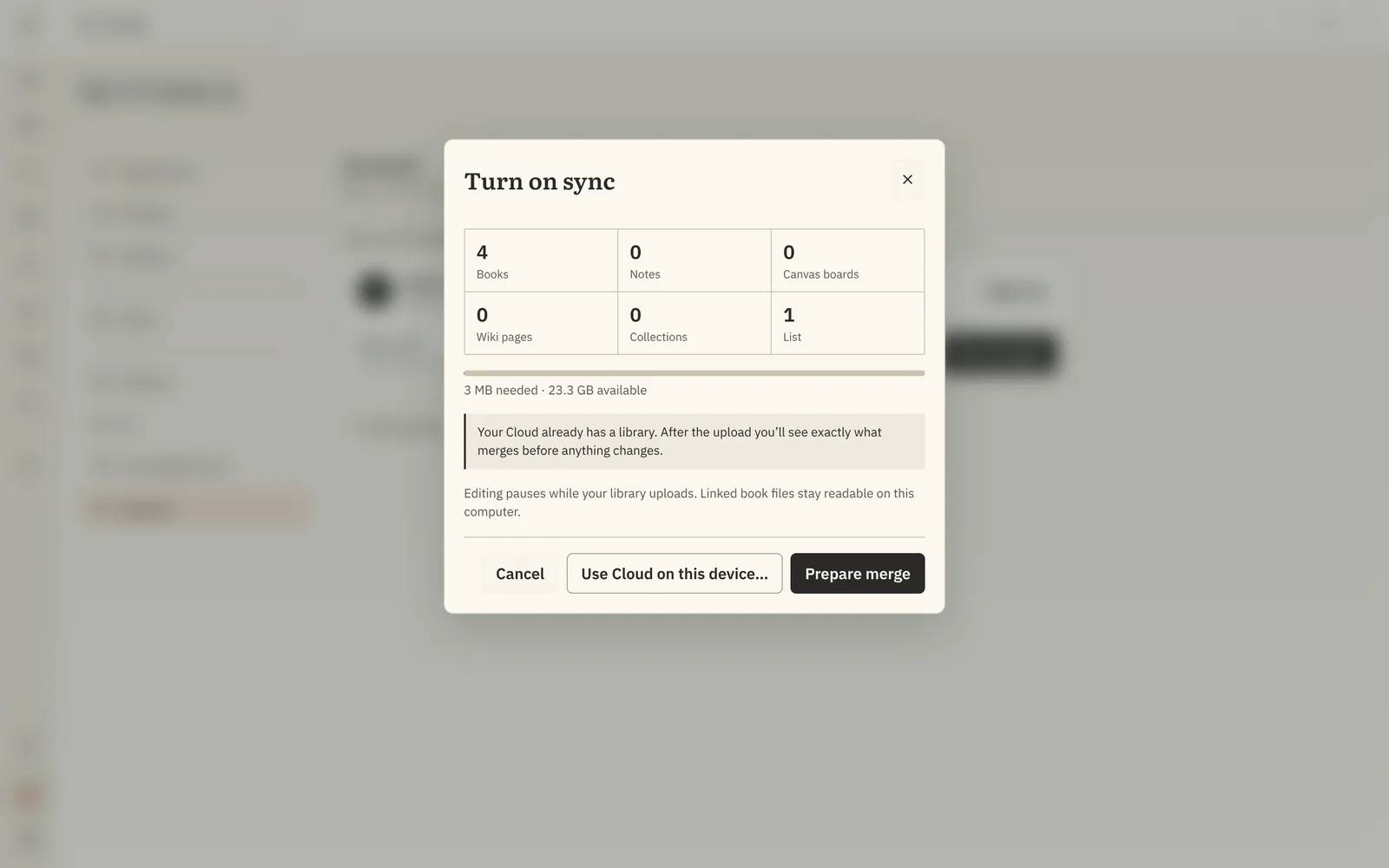 Turn on sync on a second computer, offering Prepare merge or Use Cloud on this device for an account that already has a library.