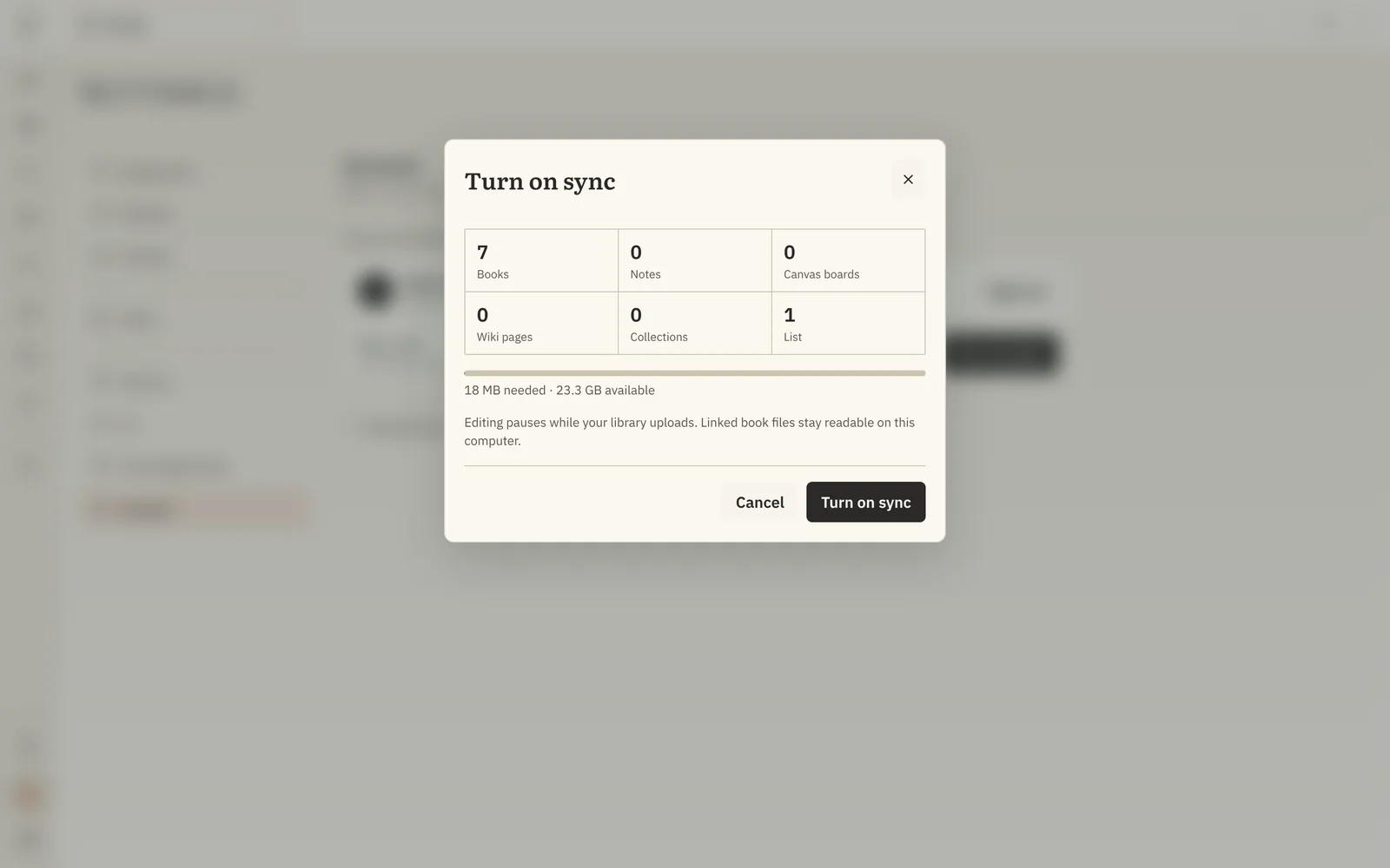 The Turn on sync review, showing what this computer will upload and the account's available storage.